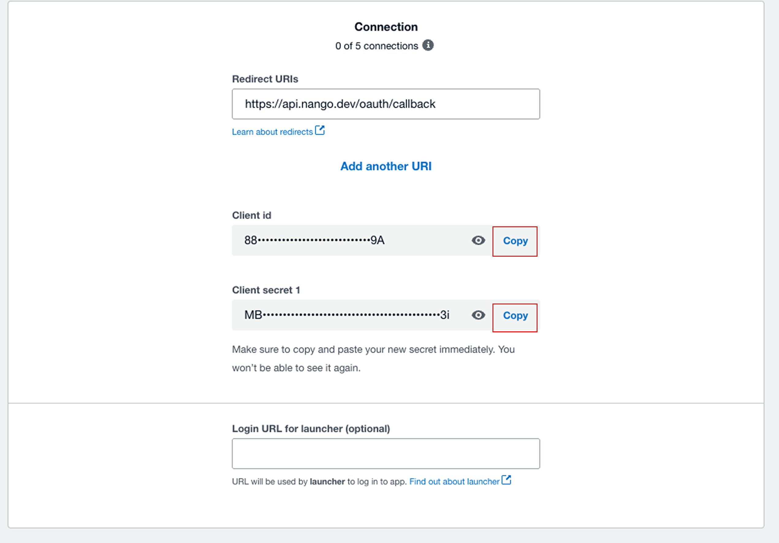 The Xero Configuration tab showing the Client ID and Client Secret ready to copy